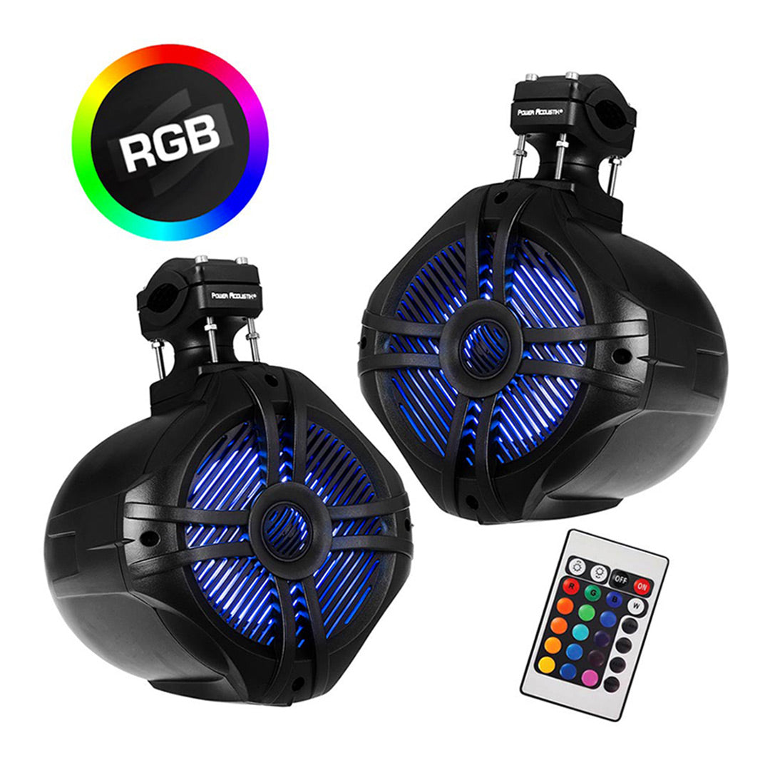 Power Acoustik MWT-80BL, 8" Wake Tower Speakers w/ RGB LED Lights - Black