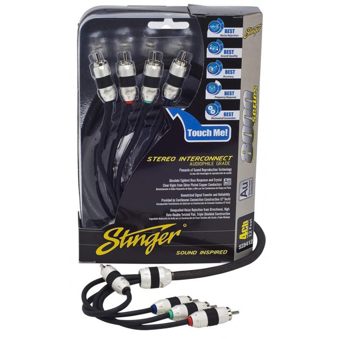 Stinger SI8412, 8000 Series 4 Channel Silver Conductor 2 Shielded Direction Double Twisted RCA Cable - 12 Feet