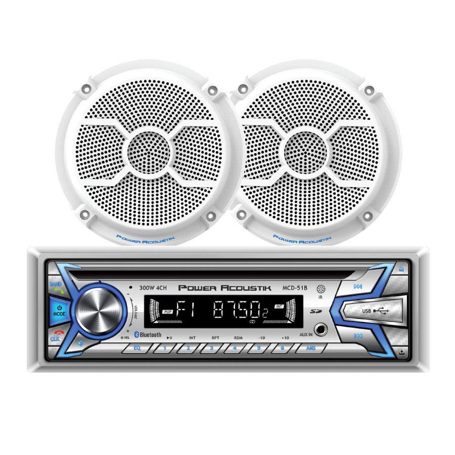 Power Acoustik MCD1-265, 1-DIN CD/MP3, AM/FM, USB, AUX & BT w/ Pair of 6.5" Marine Speakers