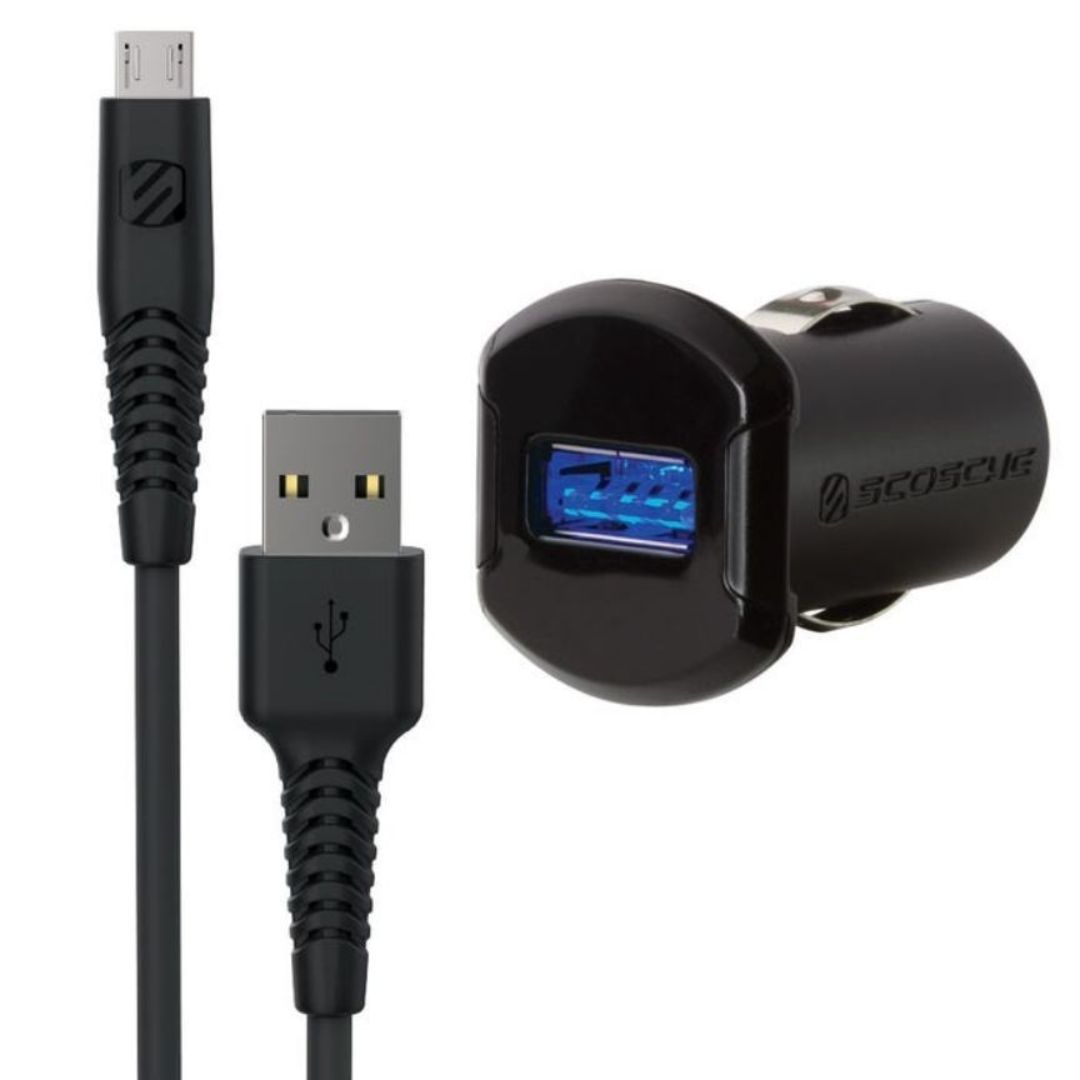 Scosche EZUC121T, Single USB Car Charger w/ Reversible Micro USB Charge & Sync Cable